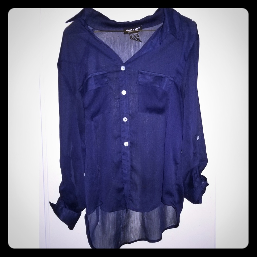 About A Girl sheer navy blue button down top